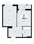 Планировка 2-комнатной квартиры, 39,1 м2