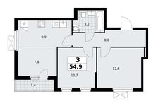 Планировка 3-комнатной квартиры, 54,9 м2