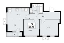 3-комнатная квартира, 54,9 м2, №887007, 