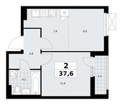 Планировка 2-комнатной квартиры, 37,6 м2