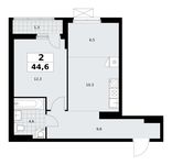 Планировка 2-комнатной квартиры, 44,6 м2