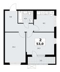 Планировка 2-комнатной квартиры, 53 м2