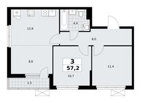 Планировка 3-комнатной квартиры, 57,2 м2