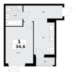 Планировка 1-комнатной квартиры, 34,6 м2