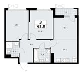 Планировка 3-комнатной квартиры, 62,8 м2