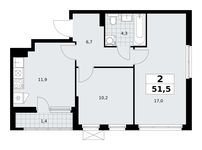 Планировка 2-комнатной квартиры, 51,5 м2