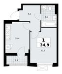 Планировка 1-комнатной квартиры, 34,9 м2