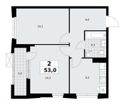 Планировка 2-комнатной квартиры, 53 м2