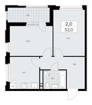 Планировка 2-комнатной квартиры, 52 м2