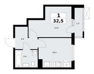 Планировка  1-комнатной квартиры, 32,5 м2