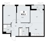 Планировка  3-комнатной квартиры, 63,1 м2