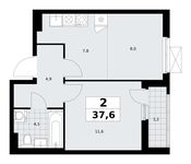 Планировка  2-комнатной квартиры, 37,6 м2