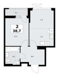 Планировка  2-комнатной квартиры, 38,7 м2