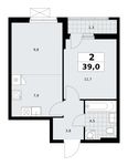 Планировка  2-комнатной квартиры, 39 м2