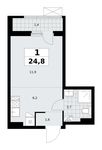 Планировка 1-комнатной квартиры, 24,8 м2