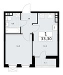 Планировка  1-комнатной квартиры, 33,4 м2