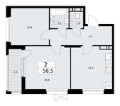 Планировка  2-комнатной квартиры, 58,5 м2