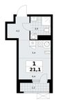Планировка 1-комнатной квартиры, 21,1 м2