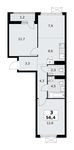 Планировка  3-комнатной квартиры, 56,4 м2