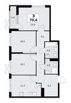 Планировка  3-комнатной квартиры, 70,4 м2