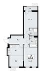 Планировка  3-комнатной квартиры, 62,8 м2