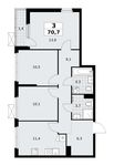 Планировка  3-комнатной квартиры, 70,6 м2