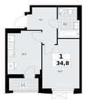 Планировка  1-комнатной квартиры, 34,8 м2