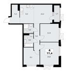 Планировка  4-комнатной квартиры, 77,4 м2