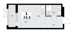 Планировка 1-комнатной квартиры, 23,5 м2