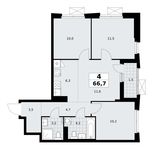 Планировка  4-комнатной квартиры, 66,7 м2