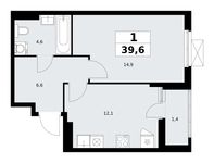 Планировка  1-комнатной квартиры, 39,6 м2