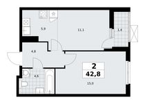 Планировка  2-комнатной квартиры, 42,8 м2