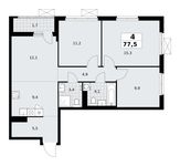 Планировка  4-комнатной квартиры, 77,5 м2