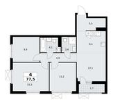 Планировка  4-комнатной квартиры, 77,5 м2