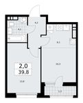 Планировка  2-комнатной квартиры, 39,8 м2