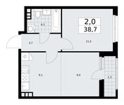 Планировка  2-комнатной квартиры, 38,7 м2