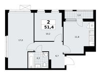 Планировка  2-комнатной квартиры, 51,4 м2
