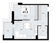 Планировка  2-комнатной квартиры, 47,5 м2