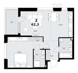 Планировка  2-комнатной квартиры, 62,3 м2