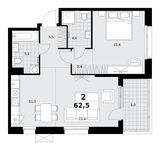 Планировка  2-комнатной квартиры, 62,5 м2