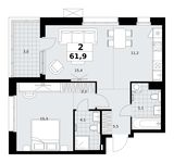 Планировка  2-комнатной квартиры, 61,9 м2