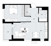 Планировка  2-комнатной квартиры, 58,7 м2