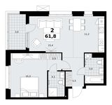 Планировка  2-комнатной квартиры, 61,8 м2