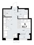 Планировка  1-комнатной квартиры, 32,7 м2