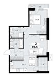 Планировка  2-комнатной квартиры, 60,5 м2