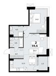 Планировка  2-комнатной квартиры, 59,6 м2