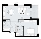 Планировка  2-комнатной квартиры, 62,4 м2
