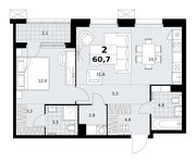 Планировка  2-комнатной квартиры, 60,7 м2