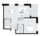 Планировка  2-комнатной квартиры, 62,7 м2
