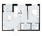 Планировка  2-комнатной квартиры, 63,8 м2